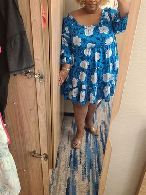 Bright Blue Floral Off-Shoulder Tiered Mini Dress